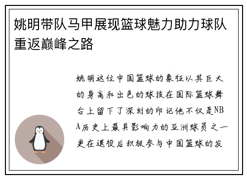 姚明带队马甲展现篮球魅力助力球队重返巅峰之路